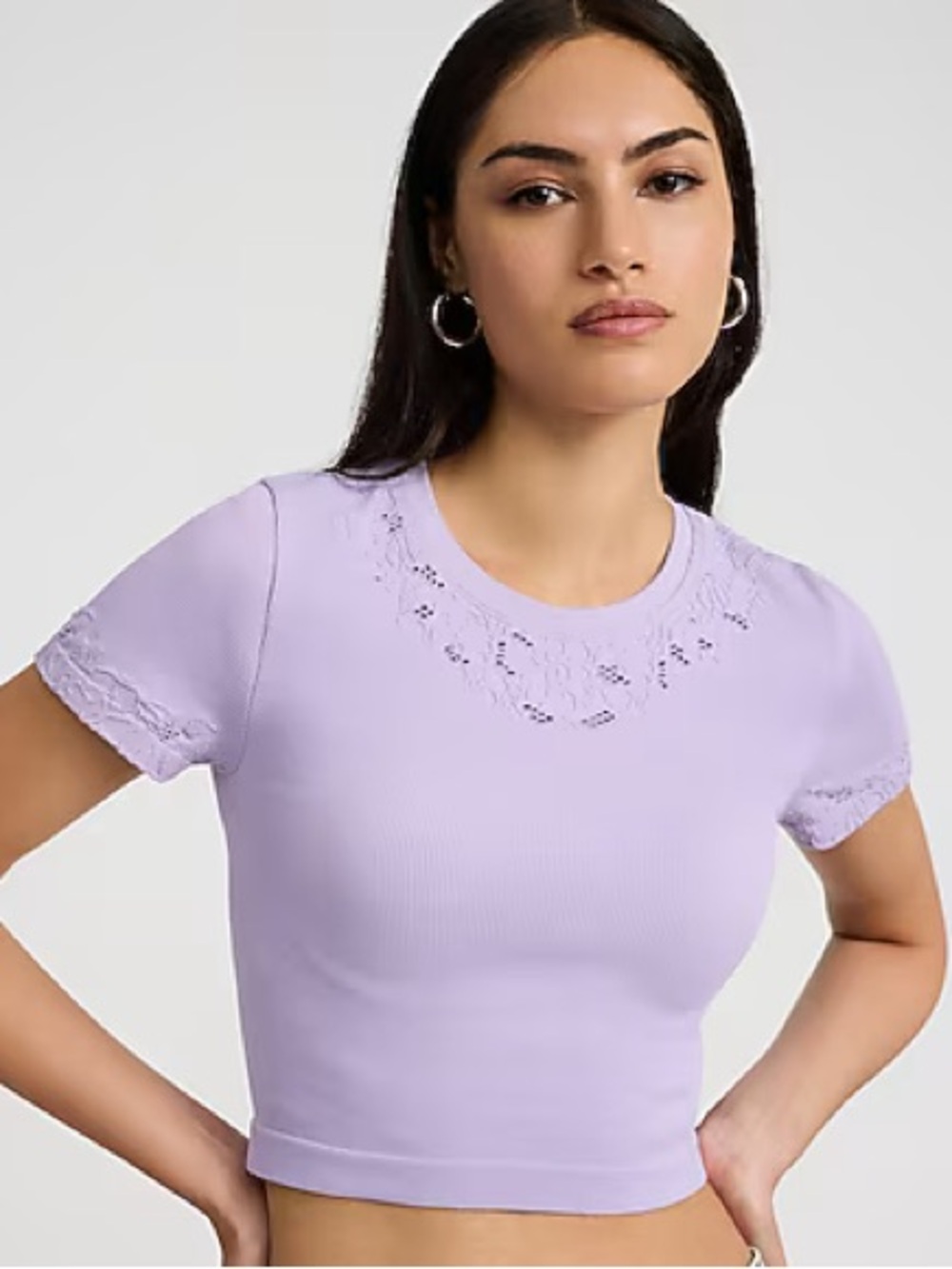 Express Lavender Ribbed Lace-Trim Crop Top